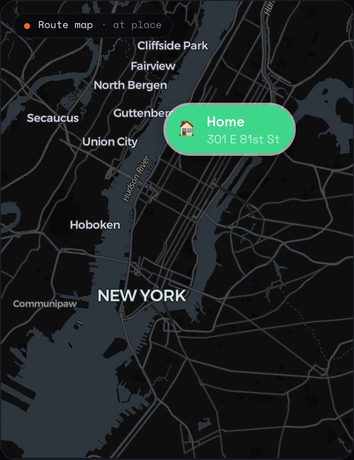 Recorded New York dashboard route from Home through Lower Manhattan